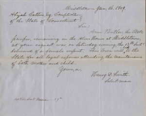 Letter written January 16, 1849. Connecticut State Archives: RG 008, State Comptroller Records, Town Claims for State Paupers, Box #1, Folder # 20, 1849, Middletown,