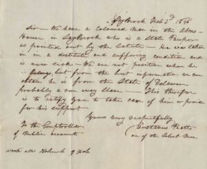 Letter written on February 3rd, 1846. Connecticut State Archives: RG 008, State Comptroller Records, Town Claims for State Paupers, Box #1, Folder # 20, 1849, Saybrook